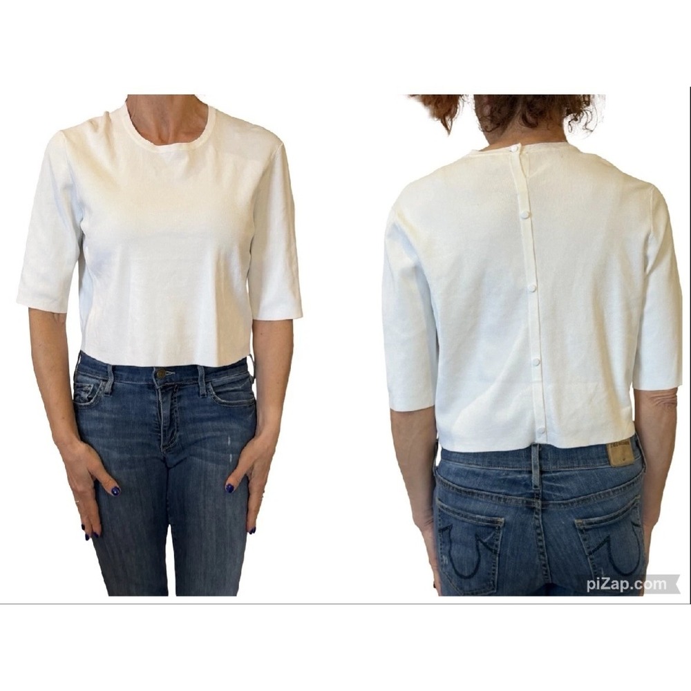Lela Rose Sweater Ivory Knit Crop Back Button 1/2 Sleeve Elevated Basic Large